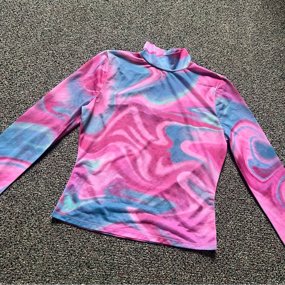 Bright Pink & Blue Colorful Swirl Watercolor Tie-Dye Mesh Sheer Turtleneck Top S